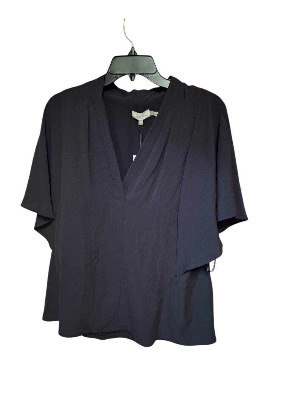 Calvin Klein Black V-Neck Draped Flutter Sleeve Blouse Ladies Medium NWT Core